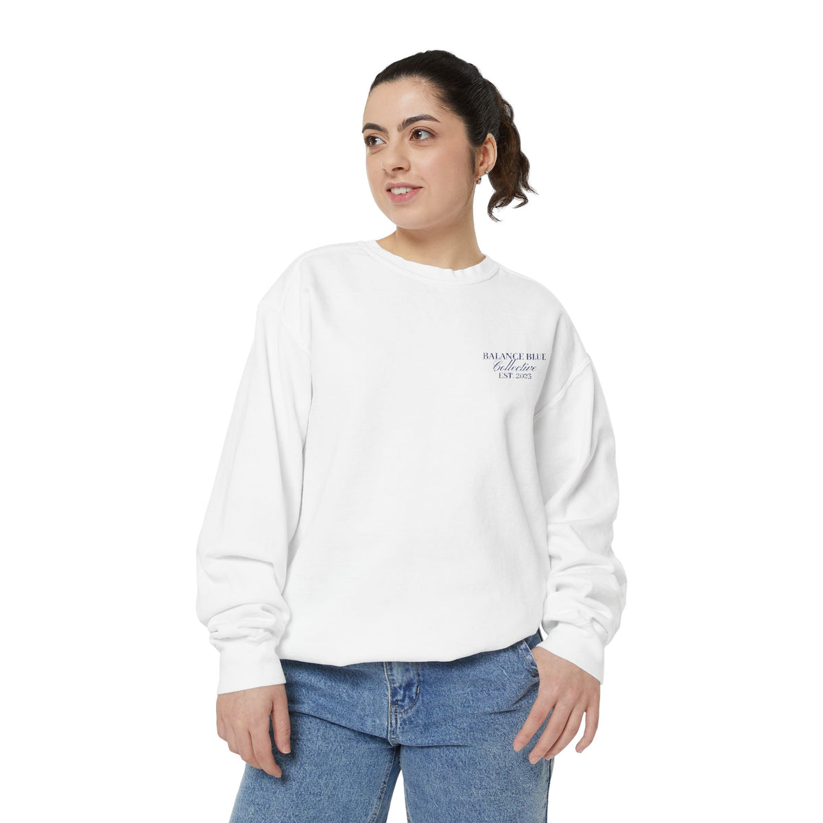 The Harbor Crewneck — White with Navy Embroidery