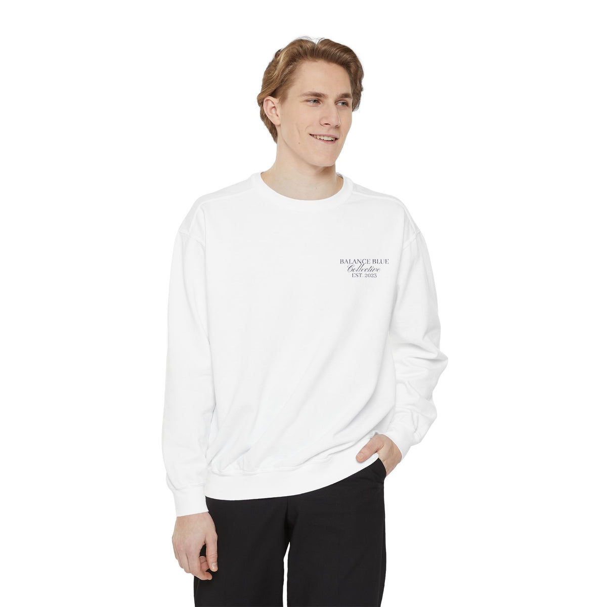 The Harbor Crewneck — White with Navy Embroidery