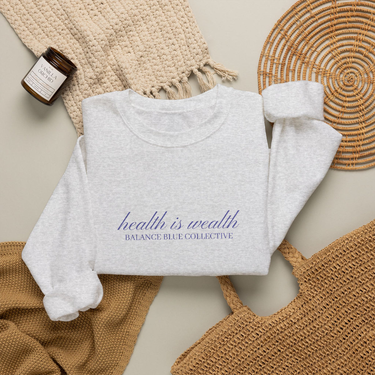 The Health Is Wealth Embroidered Crewneck — Ash with Navy Embroidery