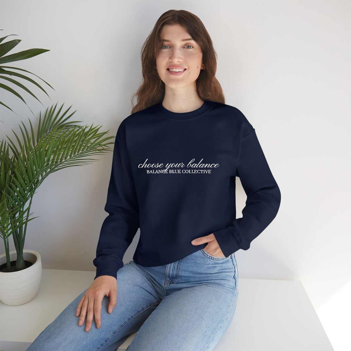 The Choose Your Balance Embroidered Crewneck — Navy with White Embroidery