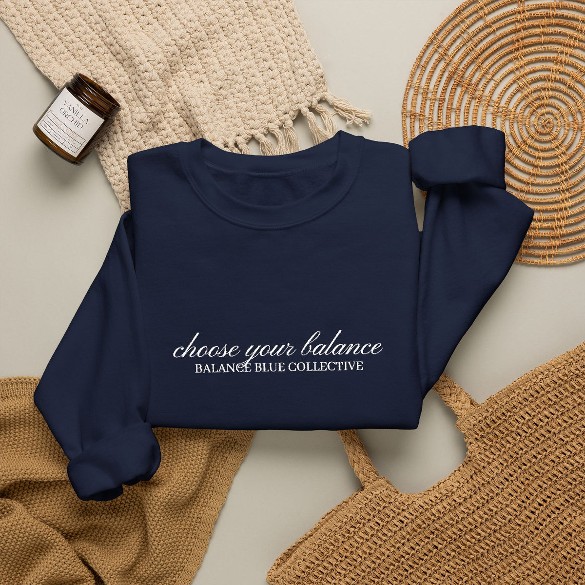 The Choose Your Balance Embroidered Crewneck — Navy with White Embroidery